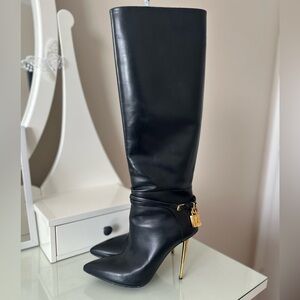 Tom Ford Padlock Shiny Black Leather and Gold Stiletto 105 mm Knee-high Boots